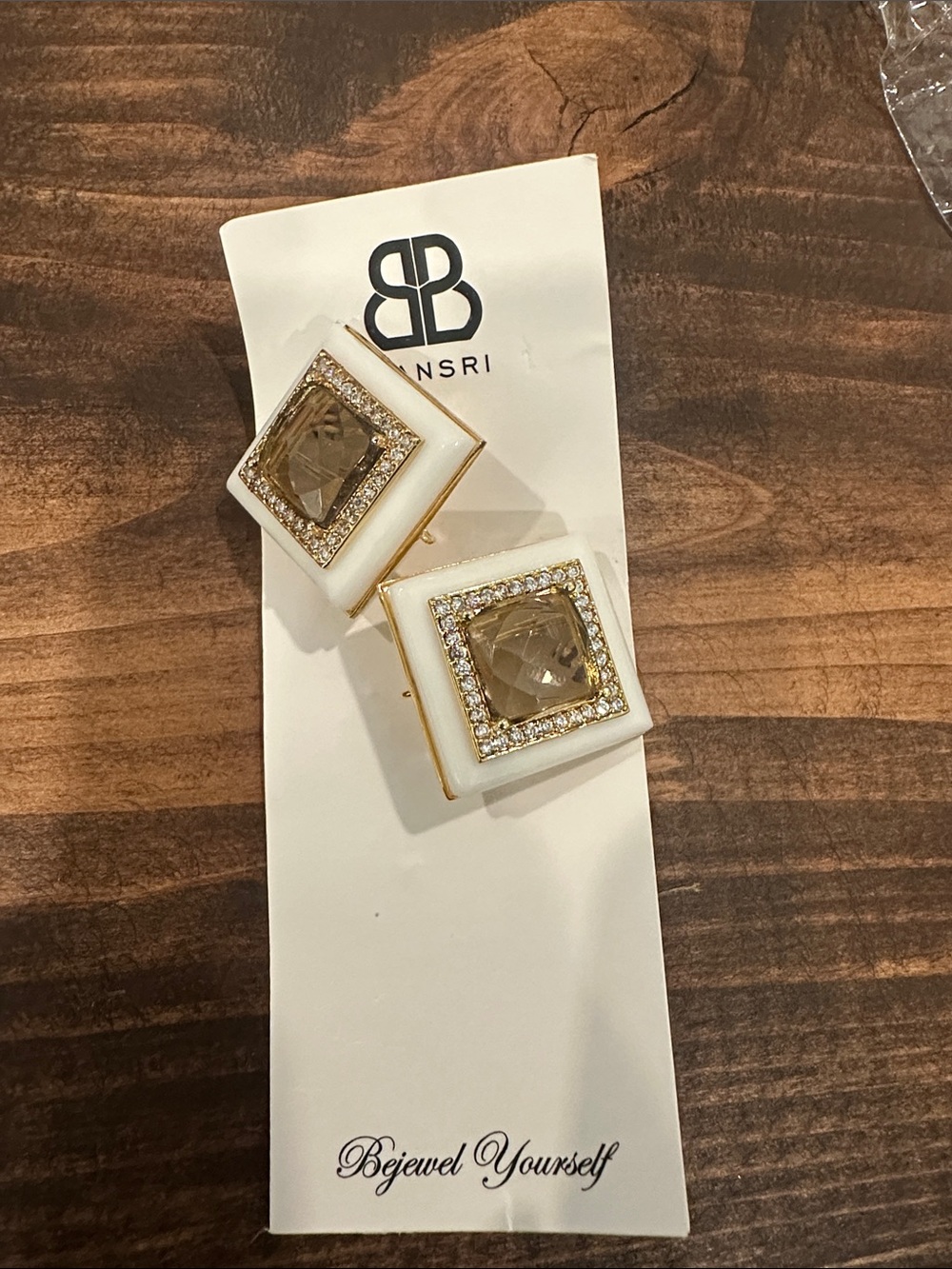 White and Gold Square Crystal Drop Earrings